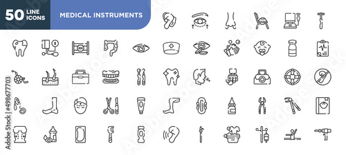 set of 50 outline medical instruments icons. editable thin line icons such as hearing aid, eyesight, dentures, forehead, eye drop, bedpan, drip stock vector.