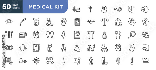 set of 50 outline medical kit icons. editable thin line icons such as almond, magnetic resonance, incisor, medical records, cough, massage ball, allergic stock vector.