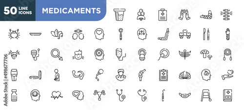 set of 50 outline medicaments icons. editable thin line icons such as urine test, mental health, sick boy, injury, peace of mind, ecg, dentist mask stock vector.