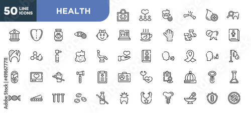 set of 50 outline health icons. editable thin line icons such as body weight, baby girl, swelling, latex, soy, blood sample, alternative medicine stock vector.