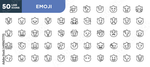 set of 50 outline emoji icons. editable thin line icons such as emoji emoji, secret surprised with steam from e, desperate ill rich stock vector.