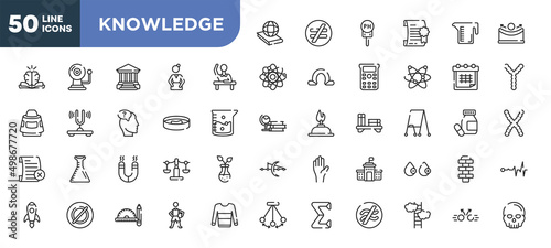 set of 50 outline knowledge icons. editable thin line icons such as politics, raising hand, petri dish, magnetism, empty, drawing tools, ascend stock vector.