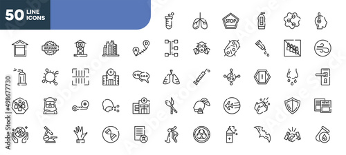 set of 50 outline icons. editable thin line icons such as test tube, long distance, hospital, high temperature, microscope, hand, bat stock vector.