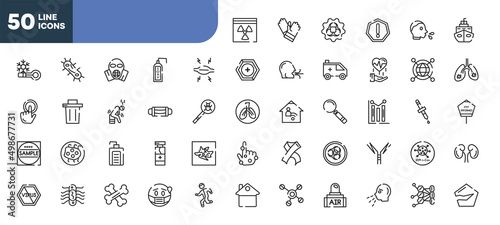 set of 50 outline icons. editable thin line icons such as hazmat, myaia, sterile mask, hand soap, e coli, bone, sneezing stock vector.