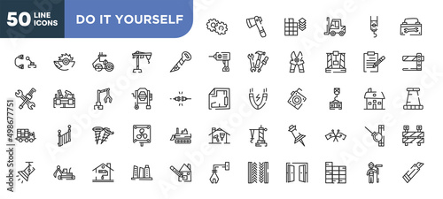 set of 50 outline do it yourself icons. editable thin line icons such as cogwheel hand drawn tool, screw hand drawn tool, concrete mixer tool, two screws, excavator hine arm, painting home,