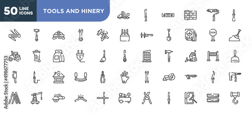 set of 50 outline tools and hinery icons. editable thin line icons such as tipper truck, construction tools, electrical plug, lodge, small crane, electric saw, window cleaner stock vector.