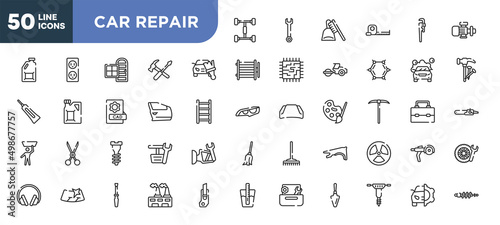 set of 50 outline car repair icons. editable thin line icons such as chassis, car painting, car door, garage screw, windshield, repair screwdriver, hydraulic breaker stock vector.