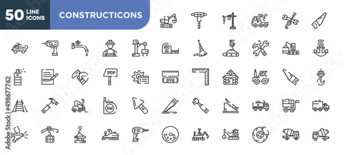 set of 50 outline constructicons icons. editable thin line icons such as digger, big derrick with boxes, stop hand drawn, null, derrick with load, derrick with pallet, disc brake stock vector.