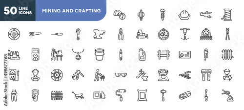 set of 50 outline mining and crafting icons. editable thin line icons such as oil gauge, bidet, rhinestone, beadwork, multimeter, fences, woods stock vector.