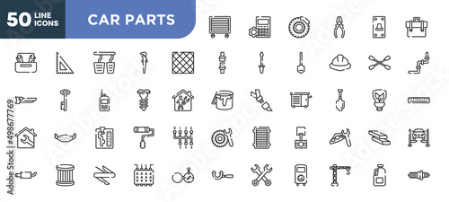 set of 50 outline car parts icons. editable thin line icons such as garage wrench, tile, screw, automatic transmission, oil filter, swiss knife, lifter stock vector.