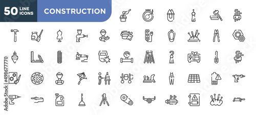 set of 50 outline construction icons. editable thin line icons such as crucible, plumber, polisher, electrician service, soldering, engine oil, electrical panel stock vector.