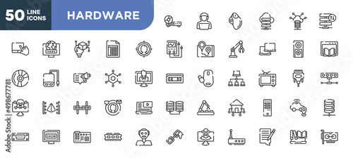 Fototapeta Naklejka Na Ścianę i Meble -  set of 50 outline hardware icons. editable thin line icons such as woofers, target audience, nanotechnology, wall bracket, tv show, motherboard, blogging stock vector.