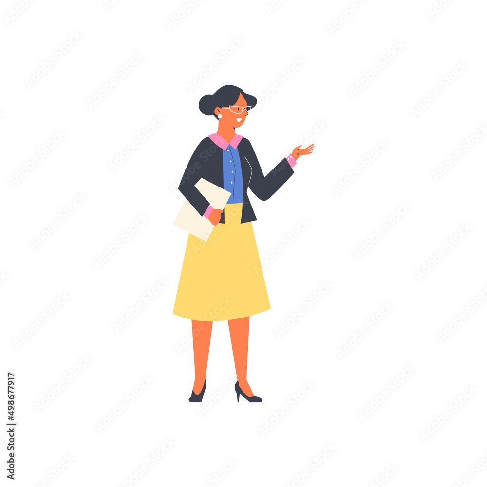 Friendly female character standing flat cartoon vector illustration isolated.