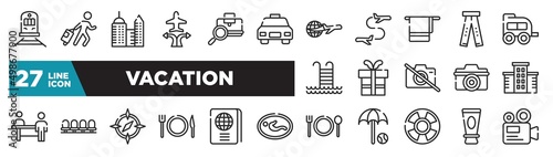 set of vacation icons in outline style. thin line web icons such as streetcar, taxi frontal vehicle, bath towel, birthday gift, waiting room, international passport, skin sunscreen editable vector.