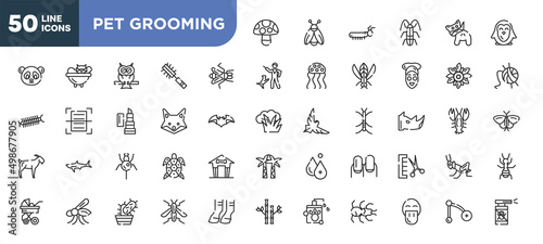 set of 50 outline pet grooming icons. editable thin line icons such as mushroom, gadfly, fox, spider, mosquito, cactus, platypus stock vector.