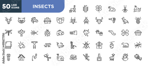 set of 50 outline insects icons. editable thin line icons such as walking the dog, diapers, ladybug, null, dog house, teasing stick, alpaca stock vector.