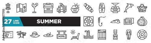 set of summer icons in outline style. thin line web icons such as disc golf, summer sale, funicular, fish and hook, island with palm trees, hotel hanging, wetsuit editable vector.