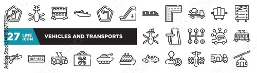 set of vehicles and transports icons in outline style. thin line web icons such as no liquid, or down, tow, road trip, license plate, armored vehicle, touristic editable vector.