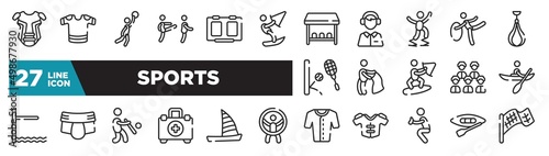 set of sports icons in outline style. thin line web icons such as chest guard, kitesurf, powerbocking, bullfight, jockstrap, catamaran, canoeing editable vector.