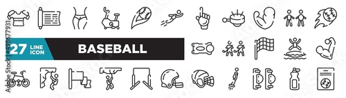 set of baseball icons in outline style. thin line web icons such as armour, free flying, muscles, home team, abseiling, horizontal bars, sport bottle editable vector.