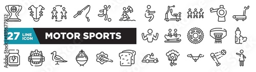 set of motor sports icons in outline style. thin line web icons such as champ, kitesurfing, football team, bobsledding, catcher mask, crank arm, battered ball editable vector.