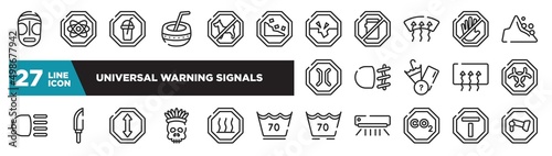 set of universal warning signals icons in outline style. thin line web icons such as native american mask, falling rocks, windshield defrost, fog light, knife in sheath, heat, end of way editable
