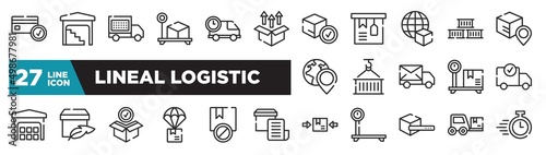 set of lineal logistic icons in outline style. thin line web icons such as card check, unpacking, worldwide delivery, use hook, light weight, prohibited, trolley truck editable vector.