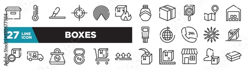 set of boxes icons in outline style. thin line web icons such as cardboard box with lid, flammable box, scan package, distribution, charter, delivery cart, delivery woman editable vector.