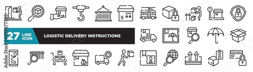 set of logistic delivery instructions icons in outline style. thin line web icons such as on door delivery, side down, lift up, box, barcode scan, truck delay, delivery clipboard editable vector.