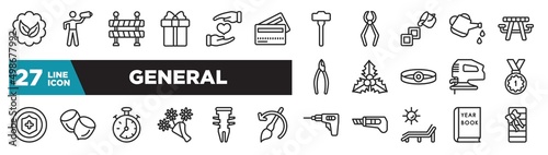 set of general icons in outline style. thin line web icons such as go green badge, credit cards, live paint, mistletoe leaves, nuts, dyupel, yearbook editable vector.