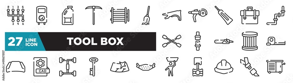 set of tool box icons in outline style. thin line web icons such as gear stick, cleaning mop, caulk, seat belt, cad, windshield, seatbelt editable vector.