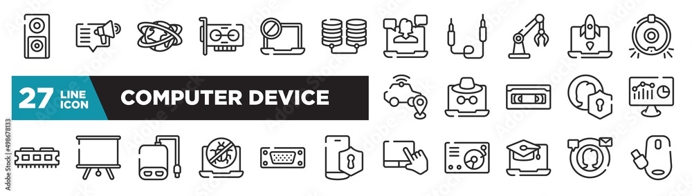 set of computer device icons in outline style. thin line web icons such as dvd player, database storage, robotic arm, fraud, projector screen, port, digital campaign editable vector.