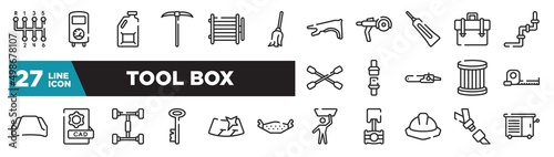 set of tool box icons in outline style. thin line web icons such as gear stick, cleaning mop, caulk, seat belt, cad, windshield, seatbelt editable vector.