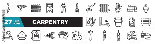 set of carpentry icons in outline style. thin line web icons such as screwdrivers, car key, allen keys, drawing tool, head protection, varnish, green power editable vector.