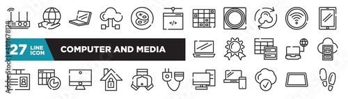 set of computer and media icons in outline style. thin line web icons such as wireless lan router device, network administration, synchronize with internet, wax seal with ribbon, spreadsheet chart,