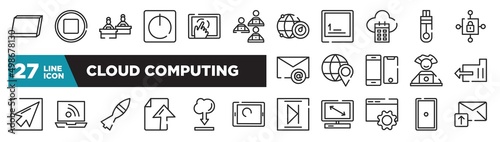 set of cloud computing icons in outline style. thin line web icons such as tablet screen in perspective, computer workers team, calendar on cloud, placeholder on a globe, laptop connected to