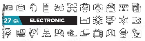 set of electronic icons in outline style. thin line web icons such as gpu, face recognition, attack, nanotech, video lesson, tuition, cloud server editable vector.