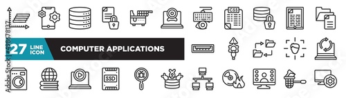 set of computer applications icons in outline style. thin line web icons such as frequency graph, webcamera, data encryption, connectivity, learning, malware, stealing data editable vector.