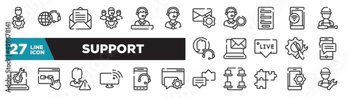 set of support icons in outline style. thin line web icons such as technical specialist, call centre, contact form, email on computer, links, tablet telephone, smarphone tings editable vector.