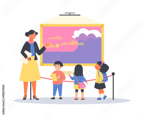 Children in art museum or gallery with guide, flat vector illustration isolated.