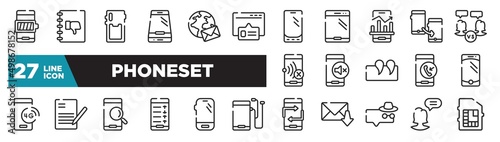 set of phoneset icons in outline style. thin line web icons such as battery with full charge, pop up, business stats on phone, silence interface phone, writing letter, mobile phone variant, chief