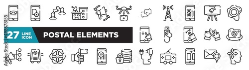 set of postal elements icons in outline style. thin line web icons such as hang, medical assistance, no, flash disk, air purifier, 2g, addressee editable vector.