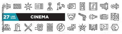 set of cinema icons in outline style. thin line web icons such as sound effect, studio, soundtrack, hitman, doorway, film poster, footage editable vector.