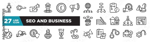 set of seo and business icons in outline style. thin line web icons such as prisoner, bullhorn, real time strategy, fallen, corruption, passion, not search editable vector.