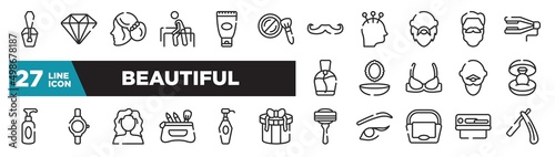 set of beautiful icons in outline style. thin line web icons such as nail paint, cheek brush, bald, powder and mirror, luxury watch, lotion bottle, solarium editable vector.