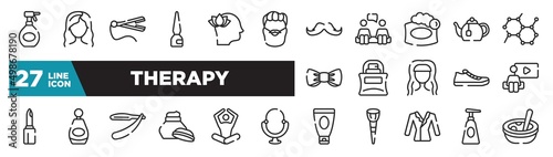 set of therapy icons in outline style. thin line web icons such as hair spray bottle, man with moustache and bear, soap bar, parfume bottle, beauty perfume, meditation, soap dispenser editable