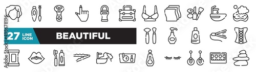 set of beautiful icons in outline style. thin line web icons such as beauty treatment, vanity case, cosmetic tools, body lotion, woman lips, hair washing, eye shadow pallette editable vector.