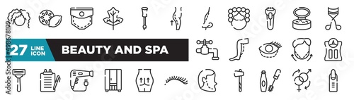 set of beauty and spa icons in outline style. thin line web icons such as curling hair, lifting, shaver, calf, medical report, null, sex reas editable vector.