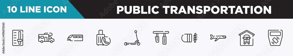 set of 10 outline public transportation icons. editable thin line icons such as gearbox, rv, monorail, final call, kick, brake pedal, fog lamp vector illustration. set of 10 outline public transportation icons. editable thin line icons such as gearbox, rv, monorail, final call, kick, brake pedal, fog lamp vector illustration.
