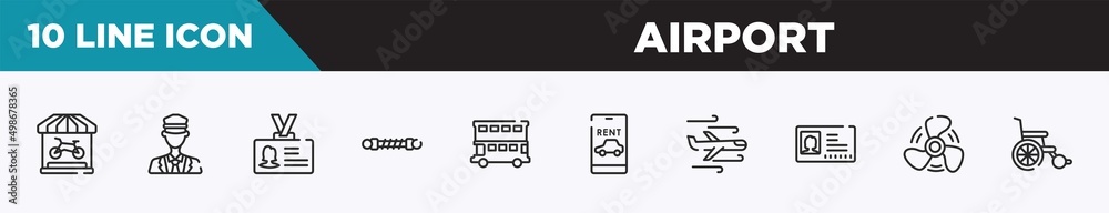 set of 10 outline airport icons. editable thin line icons such as bike shop, ticket collector, identity card, damper, double decker bus, rent a car, turbulence vector illustration. set of 10 outline airport icons. editable thin line icons such as bike shop, ticket collector, identity card, damper, double decker bus, rent a car, turbulence vector illustration.